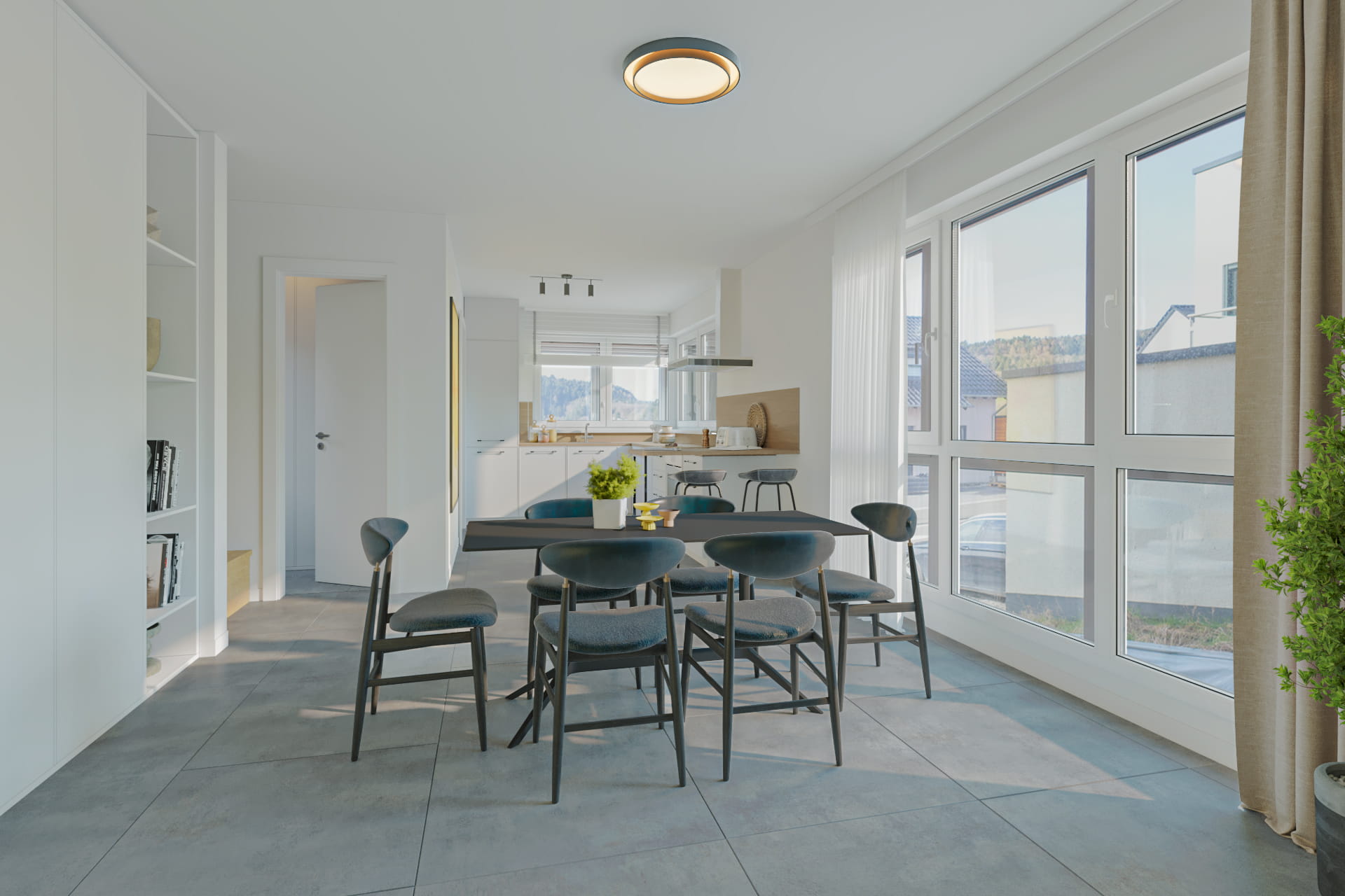 Nachher-Bild eines virtuelles Home Stagings in einem hellen, modern eingerichteten offenen Wohnbereich. Der Raum zeigt einen Speisebereich mit einem großen schwarzen Esstisch und sechs passenden modernen dunklen Stühlen auf einem anthrazitfarbenen Fliesenboden. Große, bodentiefe Fensterfronten rechts lassen reichlich Tageslicht hereinfluten. Im Hintergrund ist eine virtuell gestagte offene Küche mit weißen Schränken, Holz-Akzenten, einer Kücheninsel und Barhockern sichtbar. 